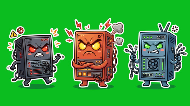 Cartoon Computers Expressing Anger and Frustration on Green Background.