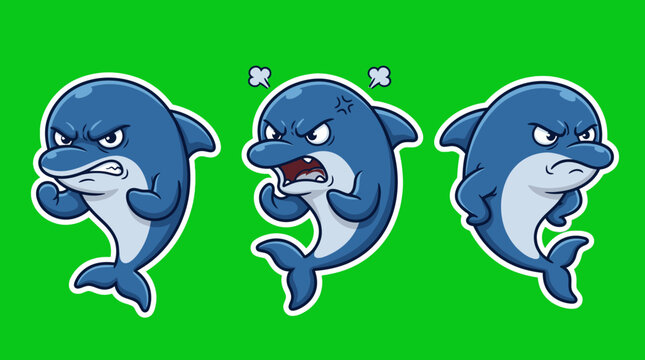 Cartoon Dolphins Expressing Anger and Frustration on Green Background.