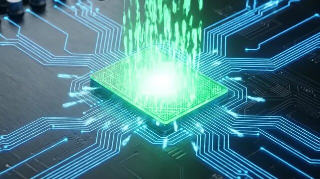 Animated green checkmark emerging on digital circuit board. Futuristic tech success symbol with glowing blue lines. Electronic verification icon for progress and approval concept.