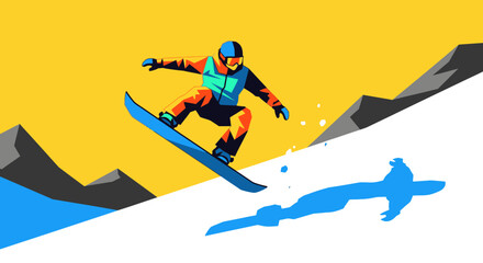 An active snowboarder performing an extreme high jump against the winter sky above an alpine mountain slope during a snowboarding vacation © Slamet