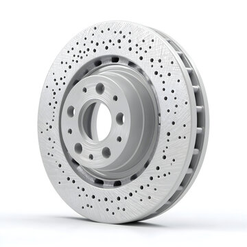 A high performance car brake disc with a ventilated surface design sits isolated against a clean white studio background to showcase the metallic texture and engineering of the automotive part