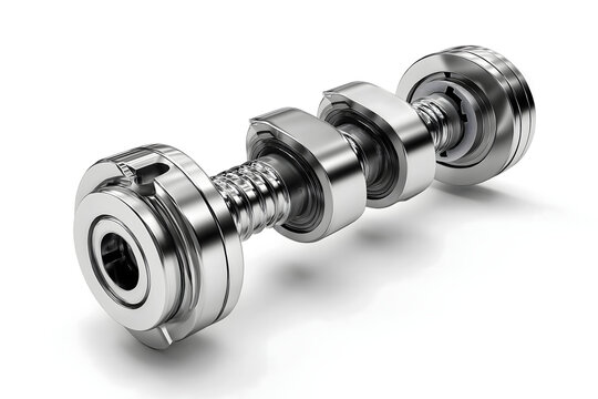 A close up view of a metallic industrial screw and ball bearing assembly isolated on a white background representing precision engineering and mechanical machine parts