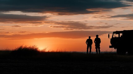 Obraz premium Group of soldiers with weapons walk past an old truck against a dark sky at dusk in a rural area during the ongoing conflict