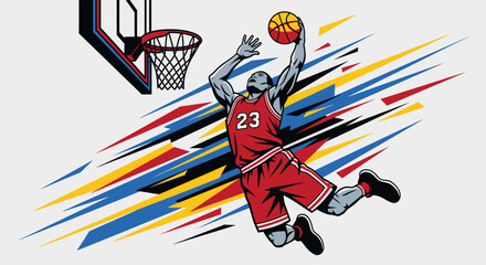 Dynamic Basketball Player in Red Jersey Performing Slam Dunk with Colorful Abstract Background © Slamet