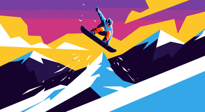 Energetic Snowboarder Mid-Air Performing Jump on Colorful Stylized Sunset Mountain Landscape