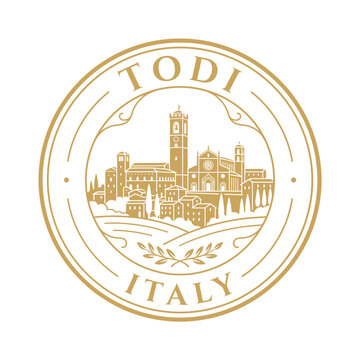 Todi Italy circular gold emblem featuring medieval skyline architectural vector illustration