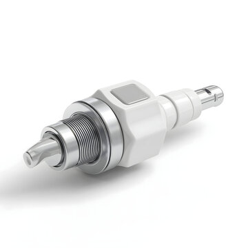A close up view of a modern industrial fuel injector component with white and silver metallic parts isolated on a plain white studio background