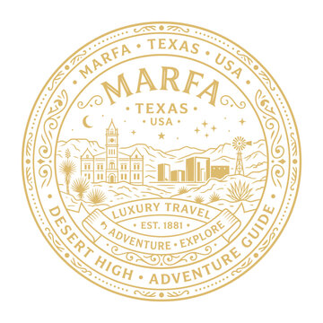 Vintage gold Marfa Texas travel badge with desert landscape and courthouse vector illustration