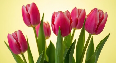 Obraz premium Close-up of fresh pink tulips in full bloom, green stems and leaves against soft yellow background flowers