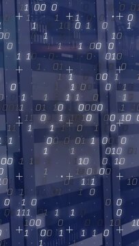 Vertical video: Glass facade receiving dense binary overlay after filter tap, showing data flow