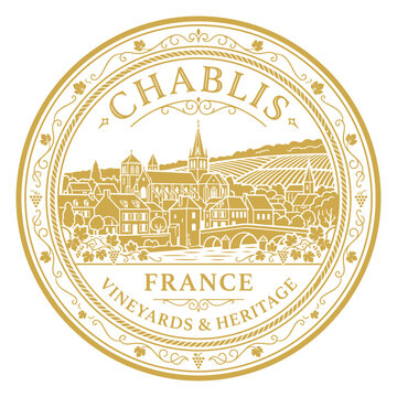 Chablis France wine seal featuring vineyard townscape isolated on white vector illustration