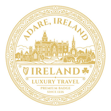 Elegant gold Adare Ireland luxury travel badge with castle skyline vector illustration