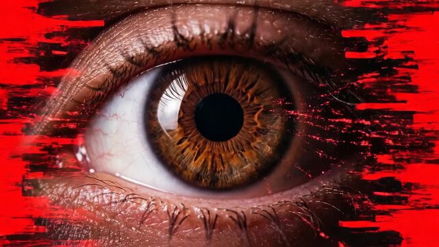 Eye glitching with red digital sparks in iris and pupil. Progression from normal vision to cyber corruption explosion. Technology and virtual reality intrusion concept.