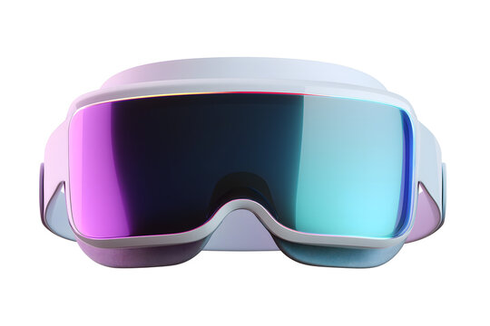 A modern white virtual reality headset with iridescent lenses is floating in the center against a clean white background to represent the future of digital entertainment 
