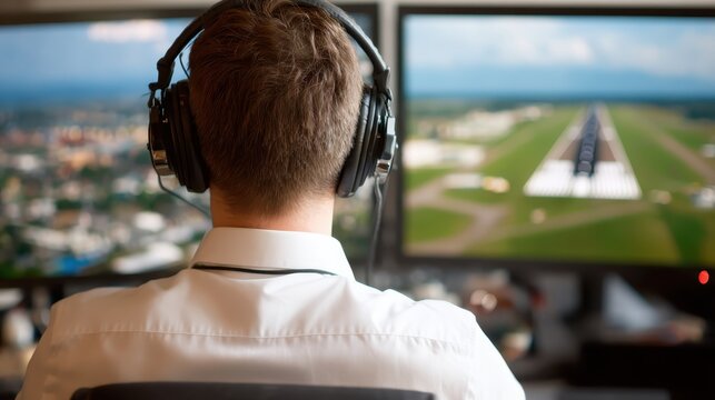 Man in suit talks on phone while observing computer screen with data graphics and multiple digital displays in workplace