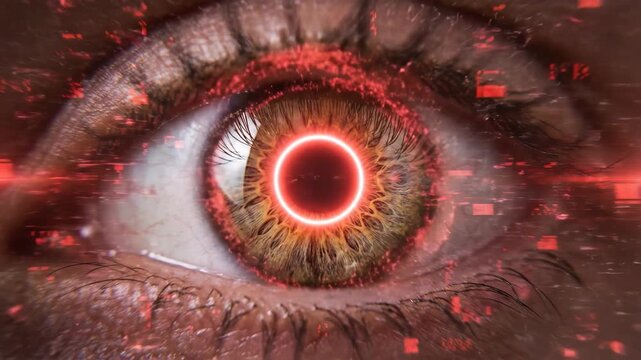 Human eye with glowing red digital ring animation. Cybernetic scan sequence in augmented reality. Futuristic vision enhancement effect