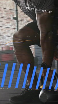 Vertical video: Fitness athlete reaching kettlebell and lifting for workout, blue chart overlaying