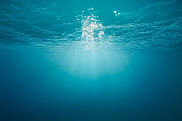 Sunlight Rays Underwater Surface, Clear Blue Ocean Background with Light Reflections © Sondem
