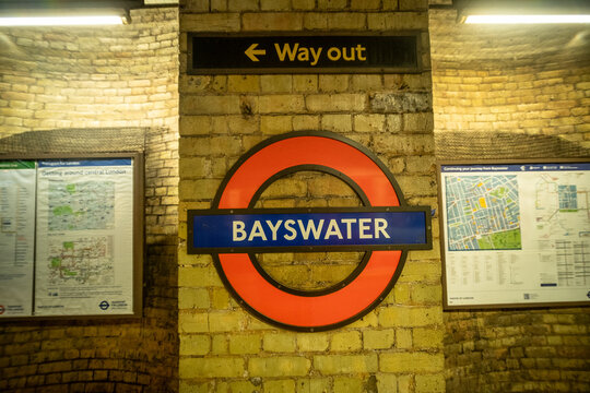 LONDON - Bayswater Underground Station platform District and Circle lines with train arriving