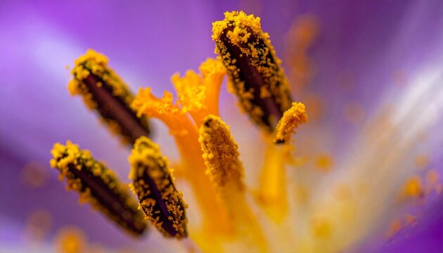 High magnification macro of flower stamens covered in brilliant golden yellow pollen grains.