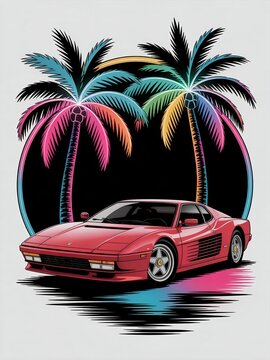 Retro 80s Sports Car Illustration with Palm Trees and Sunset Circle