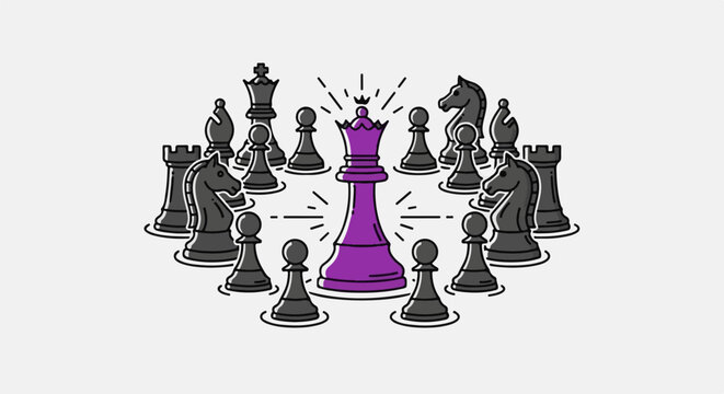 A purple queen chess piece is surrounded by grey pieces and crowned