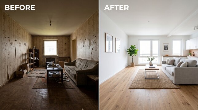 Before and After: Dilapidated Room Transformed into Modern Living Space