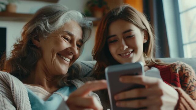 Two women smile while looking at a smartphone together. One is elderly, the other younger, sharing a joyful moment. They sit close, comfortable and connected in a bright room
