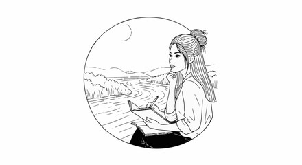 Obraz premium Woman writing in notebook by winding river with mountains and moon
