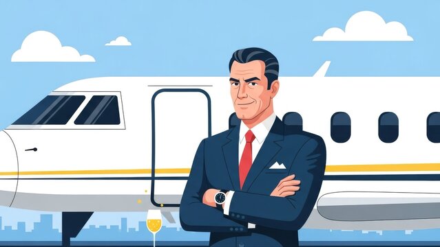Successful Businessman in Suit Standing Proudly in Front of Private Jet at Airport &ndash; Luxury Travel and Wealth Concept Vector Illustration