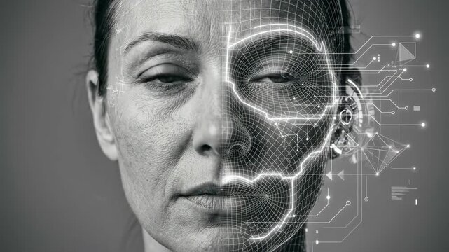 Womans face progressively overlaid with digital wireframe and circuits. Facial scanning transformation in cyber technology. Virtual reality and biometric recognition concept.