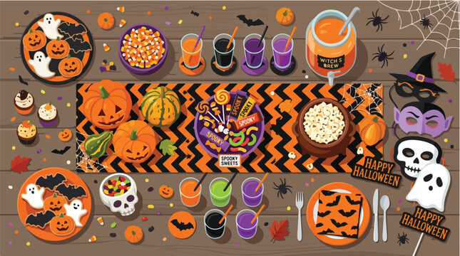 Festive Halloween Party Tabletop Vector Illustration with Spooky Treats and Decorations for Holiday Celebrations