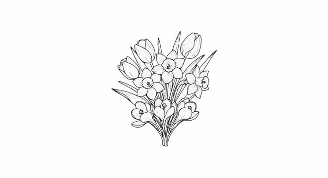 A black and white line drawing of a spring bouquet of flowers