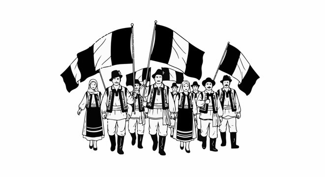 A group of people in traditional attire march with flags