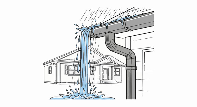 Water streams from a house gutter during a heavy rainstorm into a splashing puddle