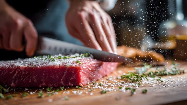 A close-up scene, a butcher in a coat with gloves holds raw red meat toward the camera, glass case reflects soft light, meat cuts and bones inside