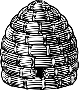 Bumble honey bee skep beehive illustration in a vintage woodcut engraved etching style.