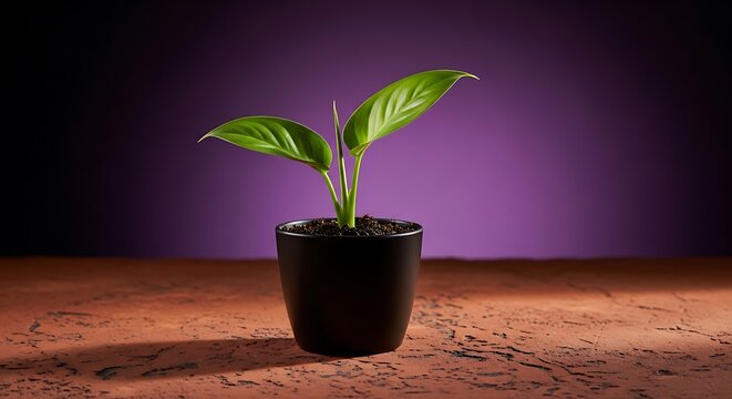 A single plant in a black pot against a purple brick wall backdrop