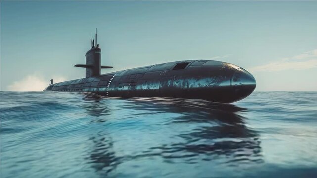 A military submarine floating on the surface of the ocean with a clear sky above and calm waters around.