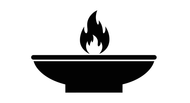 Black and white illustration of a burning flame in a bowl.