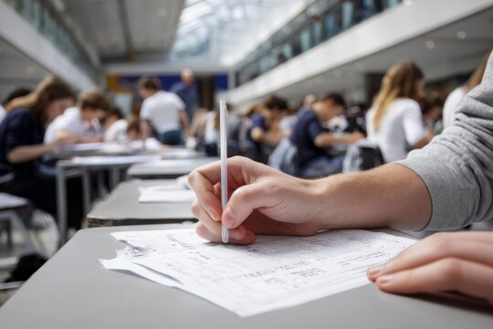 Close-up of a student's hand writing an exam on a paper sheet in a large crowded university hall for academic testing and high school final examination concept