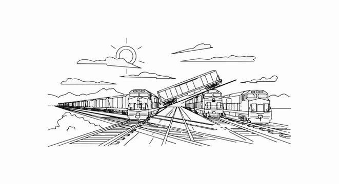Three locomotives with a derailed car under a cloudy sky and sun