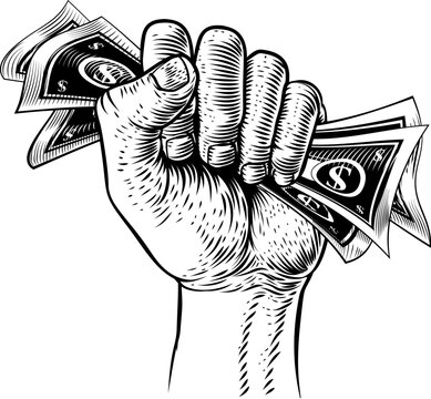 A hand clenched fist holding dollars cash money bills in a vintage retro woodcut etching engraving style