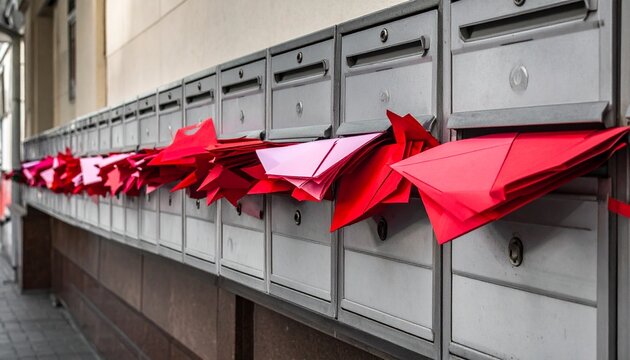 Row of mailboxes overflowing with red paper hearts.