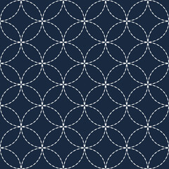 Fototapeta premium Sashiko embroidery seamless vector pattern, Needlework fabric design. Japanese embroidery ornament with white stitches on the indigo blue background, Suitable for clothing, textiles