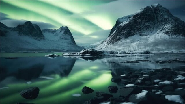 Green aurora dances above icy mountains. Still waters mirror glowing lights. Snow-covered peaks stand silent and sharp. Dark stones dot the icy shoreline. Night sky pulses with northern glow
