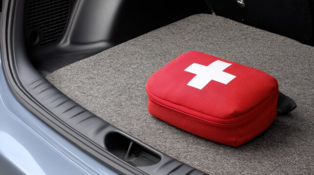 The trunk shows a red first aid kit resting on dark carpet. A gray hook and a circular speaker grill are seen nearby