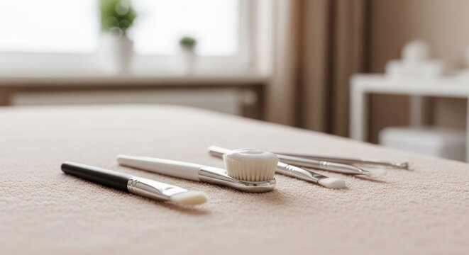 Close-up of makeup brushes and tools on a light-colored surface.