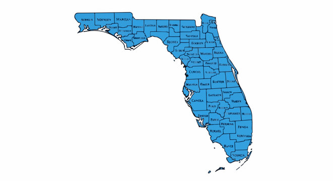 Stylized map of Florida divided into counties, blue fill, white background