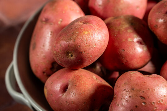 Red skin potatoes in a white ceramic bowl on a tole surface 